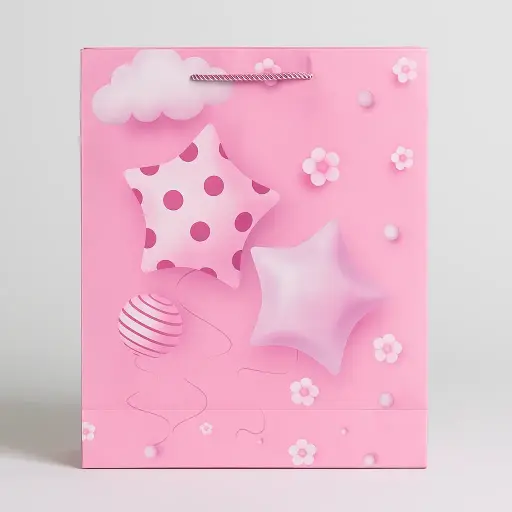 [H2621000000] H26 21 (4"x11"x14") Pink Star & Balloon Theme Gift Bag | Perfect for  Baby Girl, Baby Shower, Newborn Gifts, Special Occasion Gifting