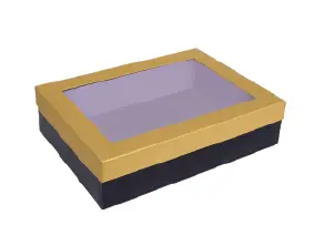 [B3602000000] B3602000000 (12"x16"x4") Black/Gold Window Display Gift Box | Birthday Gift Box | Eid Gift Box | Wedding Gift Box