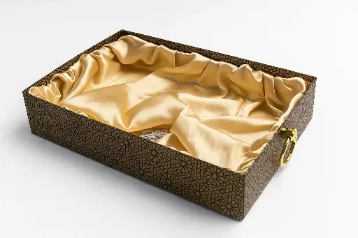 [K2504GBLACK] K25 04 (9"x14"x2.5") Luxury Gold Black Display Tray | Empty Silk-Lined Basket | Gold Metal Accent | Wedding, Engagement, Corporate Gifting, Luxury Product Display