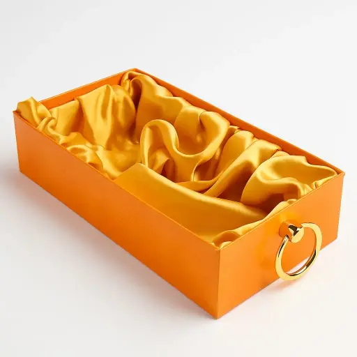[K2303ORANGE] K23 03 (6"x10"x2.5") Luxury Orange Display Tray | Empty Silk-Lined Basket | Gold Metal Accent | Wedding, Engagement, Corporate Gifting, Luxury Product Display