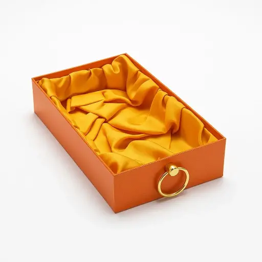 [K2403ORANGE] K24 03 (8"x12"x2.5") Luxury Orange Display Tray | Empty Silk-Lined Basket | Gold Metal Accent | Wedding, Engagement, Corporate Gifting, Luxury Product Display