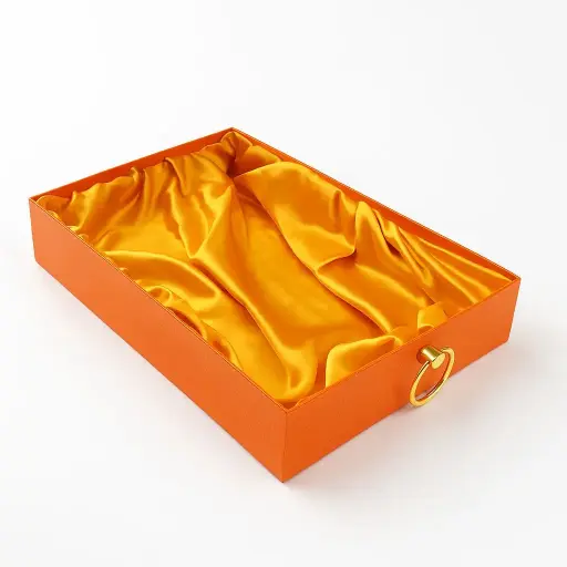 [K2603ORANGE] K26 03 (11"x17"x2.5") Luxury Orange Display Tray | Empty Silk-Lined Basket | Gold Metal Accent | Wedding, Engagement, Corporate Gifting, Luxury Product Display
