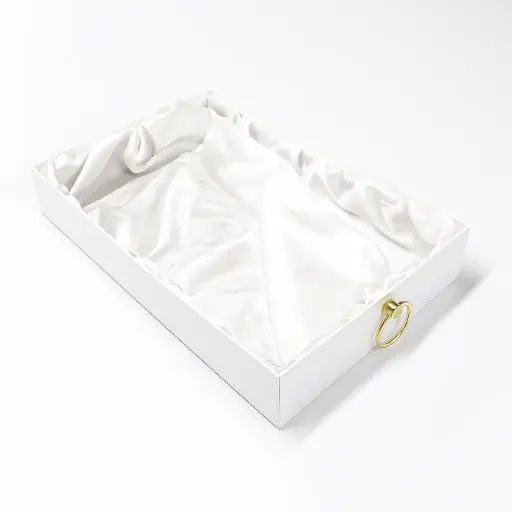 [K2601WHITE0] K26 01 (11"x17"x2.5") Luxury White Display Tray | Empty Silk-Lined Basket | Gold Metal Accent | Wedding, Engagement, Corporate Gifting, Luxury Product Display
