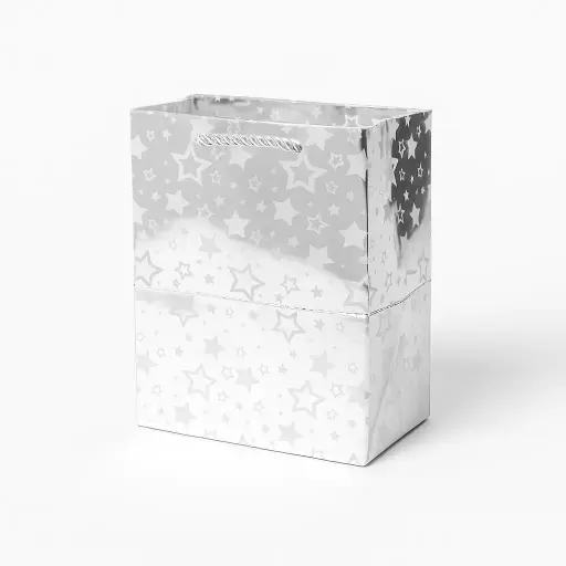 [H0214000000] H02 14 (5"x5"x6") Metallic Silver Star Gift Bag | Striped Paper Bag | Perfect for Jewelry, Small Accessories, Favors, and Miniature Gifts