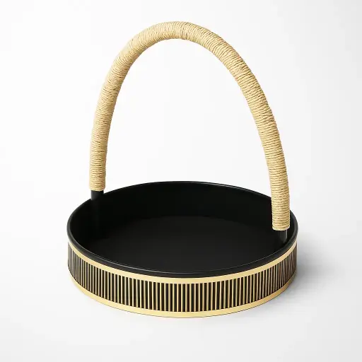 [K2102KHI000] K21 02 (14"X14"X3") Black & Gold Round Gift Basket | Wedding, Engagement, Corporate Gifting, Luxury Product Display