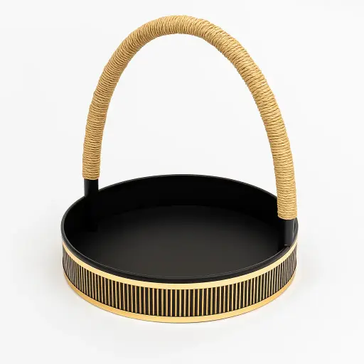 [K2202KHI000] K22 02 (14.6"X14.6"X3") Black & Gold Round Gift Basket | Wedding, Engagement, Corporate Gifting, Luxury Product Display