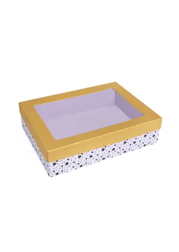 [B3605000000] B36 05 (12"x16"x4") White/Gold Star Pattern Window Gift Box | Birthday Gift Box | Wedding Gift Box | Eidi Box