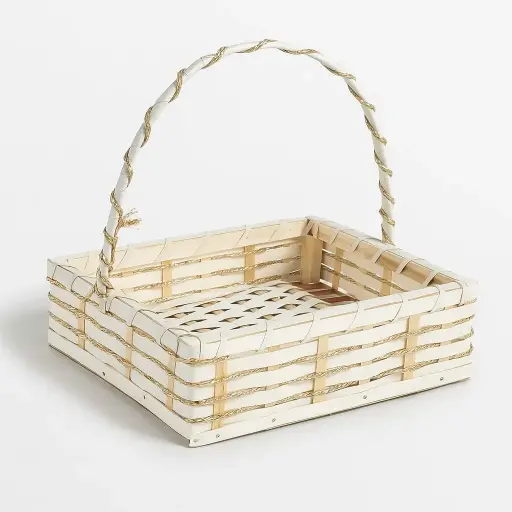 [K0304CANE00] K03 04 (12"X12"X3") White Woven Cane Gift Basket with Gold Accents | Ideal Empty Hamper for Weddings, Anniversaries, Festive Occasions, Luxury Gifts, Bridal Showers, Small Favors, Product Display