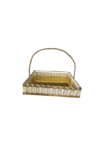 [K0305CANE00] K03 05 (12"X12"X3") Two-Tone Woven Gift Basket with Gold Base | Ideal Empty Hamper for Weddings, Anniversaries, Festive Occasions, Luxury Products, Corporate Events, Product Display