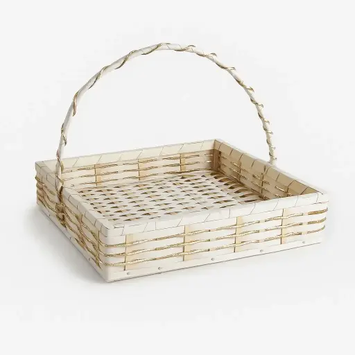[K0404CANE00] K04 04 (14'"X14"X3") White Woven Cane Gift Basket with Gold Accents | Ideal Empty Hamper for Weddings, Anniversaries, Festive Occasions, Luxury Gifts, Bridal Showers, Small Favors, Product Display