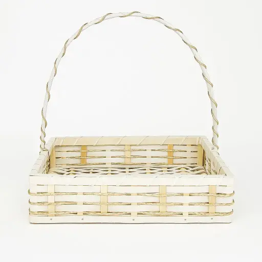 [K0504CANE00] K05 04 (16"X16"X3") White Woven Cane Gift Basket with Gold Accents | Ideal Empty Hamper for Weddings, Anniversaries, Festive Occasions, Luxury Gifts, Bridal Showers, Small Favors, Product Display