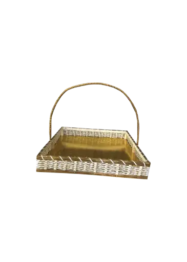 [K0605CANE00] K06 05 (18"X18"X3") Two-Tone Woven Gift Basket with Gold Base | Ideal Empty Hamper for Weddings, Anniversaries, Festive Occasions, Luxury Products, Corporate Events, Product Display